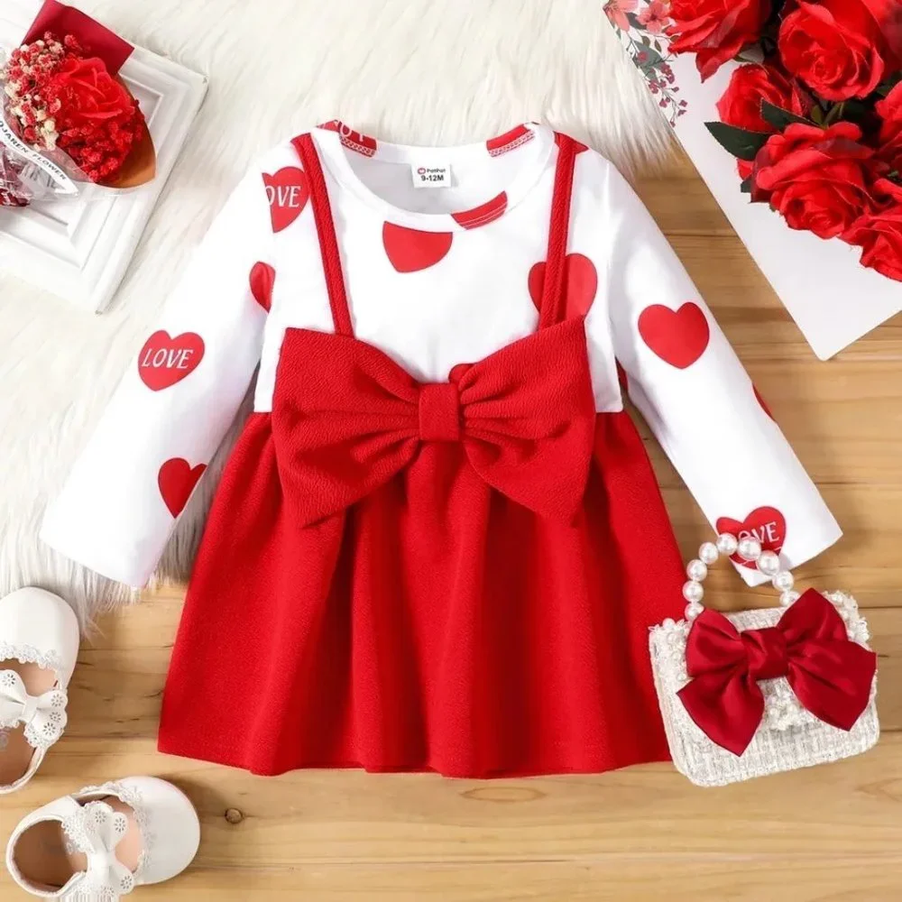 NWT-Baby Girl Red Love Heart Print Long-sleeve Splicing Bowknot Dress - Picture 1 of 4